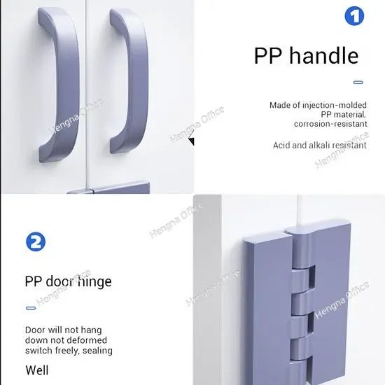Close-up of a PP cabinet  handle and hinge made of injection-molded polypropylene, highlighting corrosion resistance and smooth, durable operation.