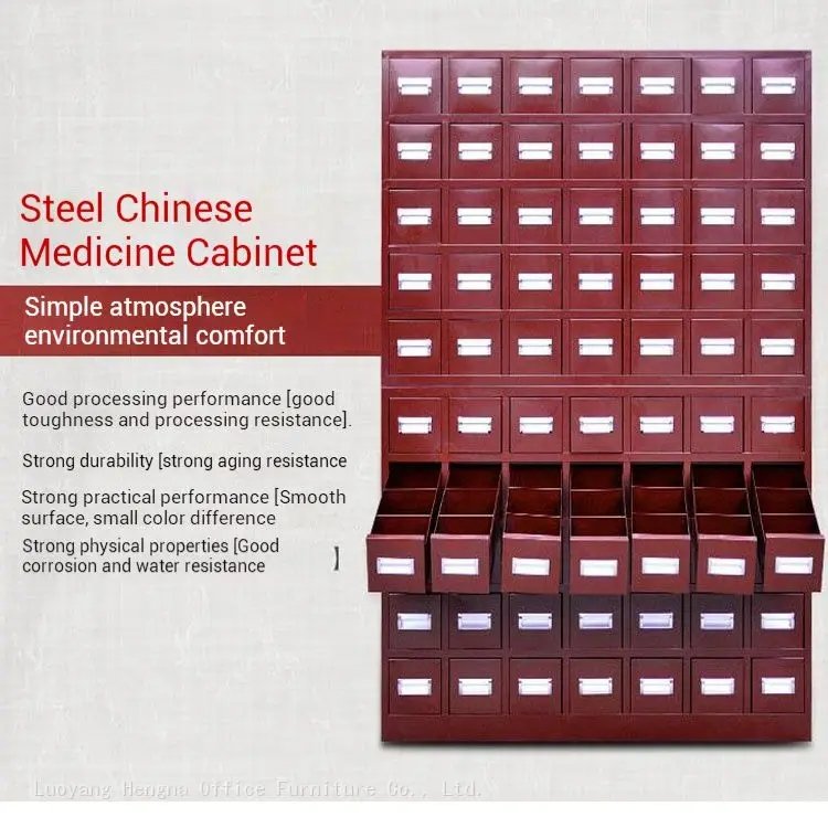 Red steel Traditional Chinese Medicine Cabinets demonstrating strong durability and corrosion resistance, with several bottom drawers pulled out showing the compartmentalized storage and smooth surface.