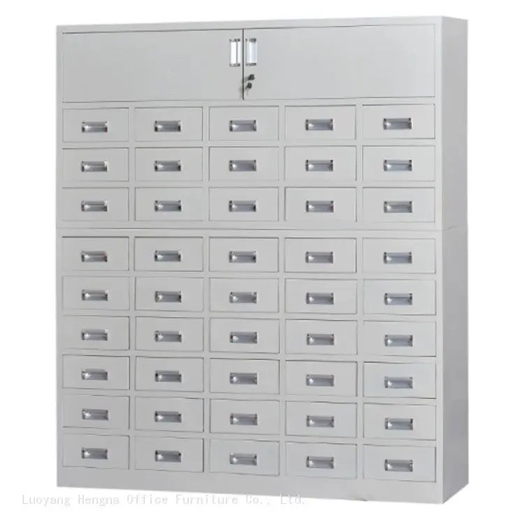 Full view of a tall, grey/off-white steel Chinese medicine cabinet with multiple small drawers and a large lockable top cabinet storage area.