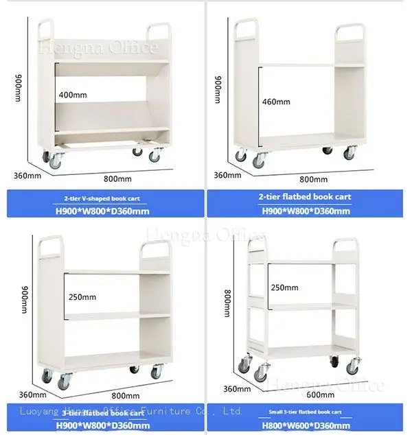 Dimension diagrams and comparison of multiple steel book trolley models: 2-tier V-shape cart, 2-tier flatbed cart, and small 3-tier flatbed cart.