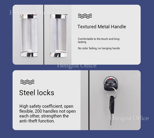 Textured metal handle and steel lock on office storage cabinet