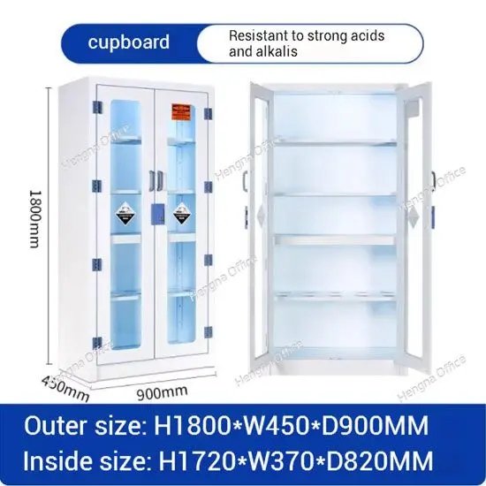 A large 45-gallon PP acid and alkali  cabinet with glass door and internal dimensions: 1650mm height, 1090mm width, 460mm depth.