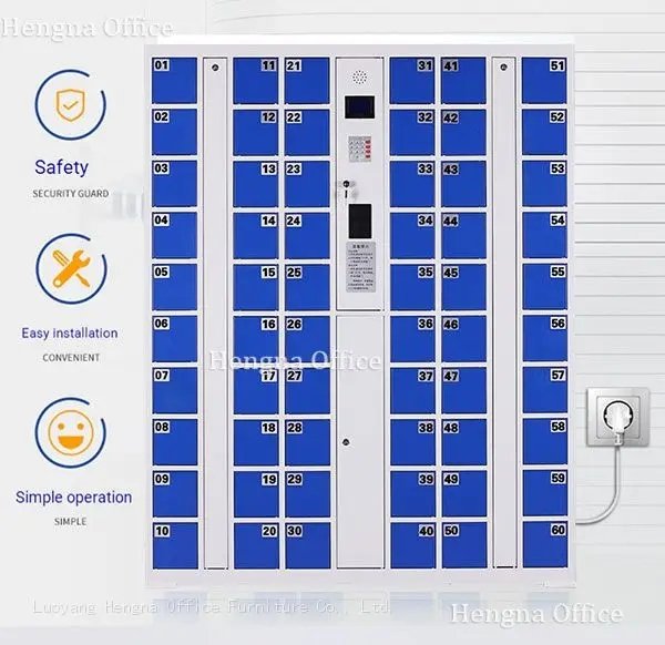 Hengna Office products Electronic Storage Lockers highlighting key features such as safety, easy installation, and simple operation, along with company branding.