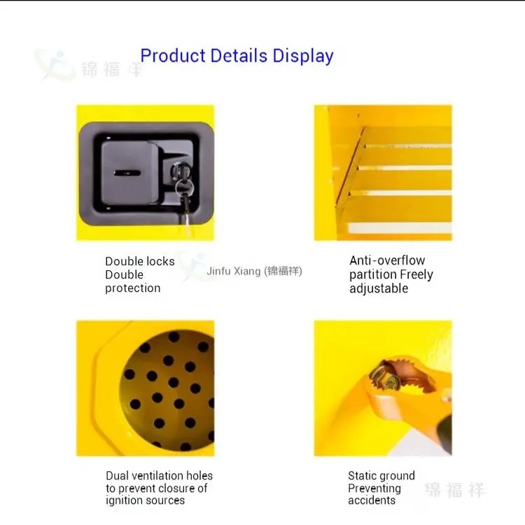 Product detail of safety cabinet, highlighting double locks, adjustable anti-overflow partition, dual ventilation holes, and static grounding for safety.