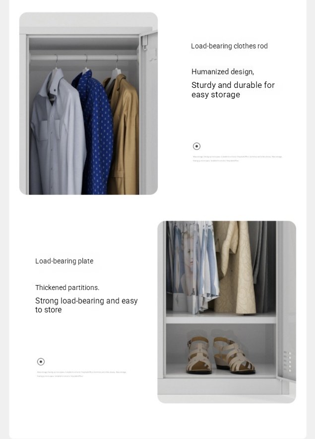 Inside view of steel locker showing load-bearing clothes rod and separate shoe shelf