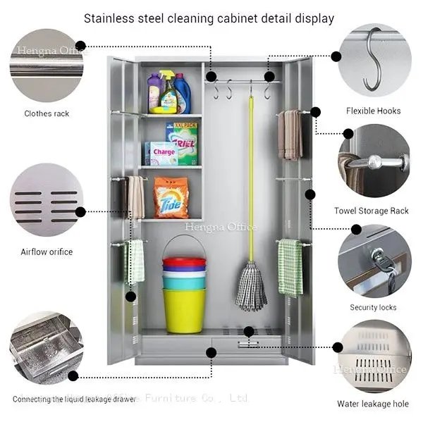 Commercial Janitor Cabinet CLB-298 with Anti-Prying Lock & Drying System(Towel Rack&Tool Hook) – for School & Office Cleaning-OEM/ODM Supported 