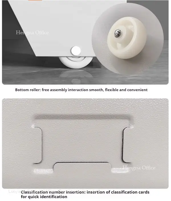 The detailed designes of flat file cabinet : Bottom roller and Classification number insertion.