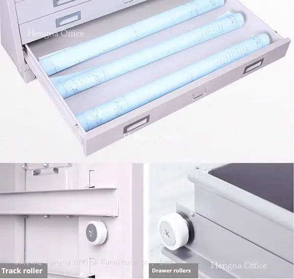 Close-up view of an open drawer on a metal flat file cabinet, showing papers stored flat and organized. 