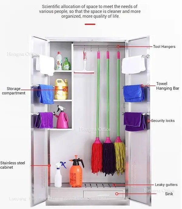 A Professional Cleaning Cabinet featuring scientific space allocation to keep areas clean and organized. Components include storage compartments, tool hangers, a towel hanging bar, security locks, and ventilation gutters.