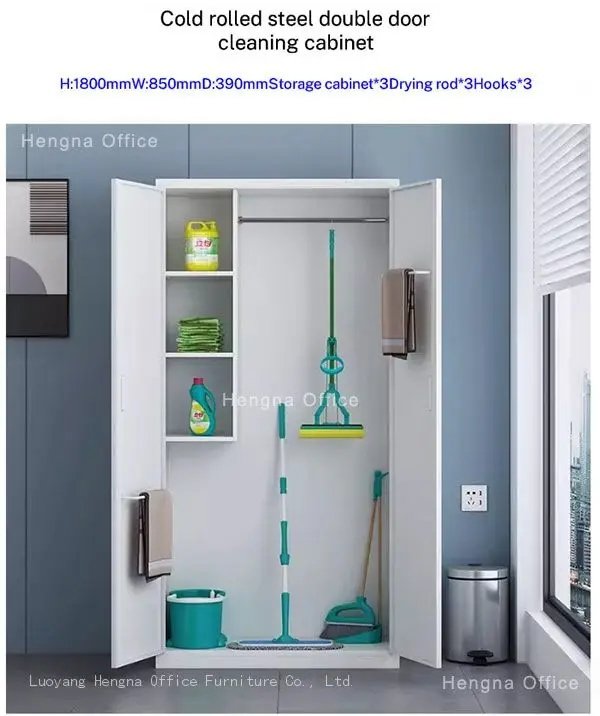 White cold rolled steel double door cleaning cabinet for office with mop and broom storage