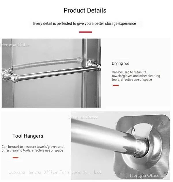 Close-up details of a storage cabinet showing a drying rod and tool hangers for organizing towels, gloves, and cleaning tools to utilize space effectively.