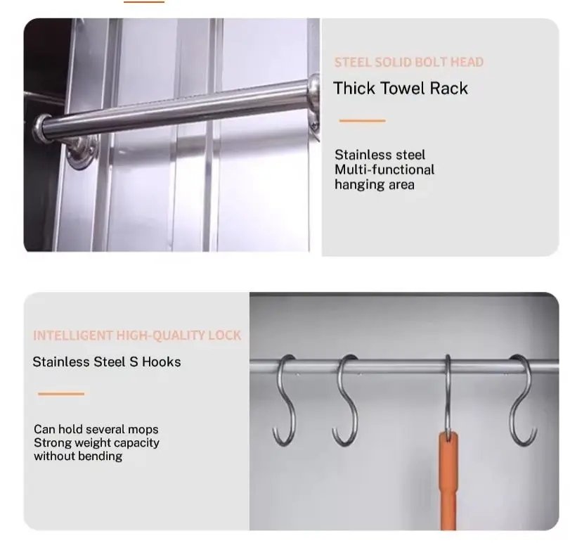 Stainless steel janitor cabinet detail display showing airflow orifices security locks and towel racks