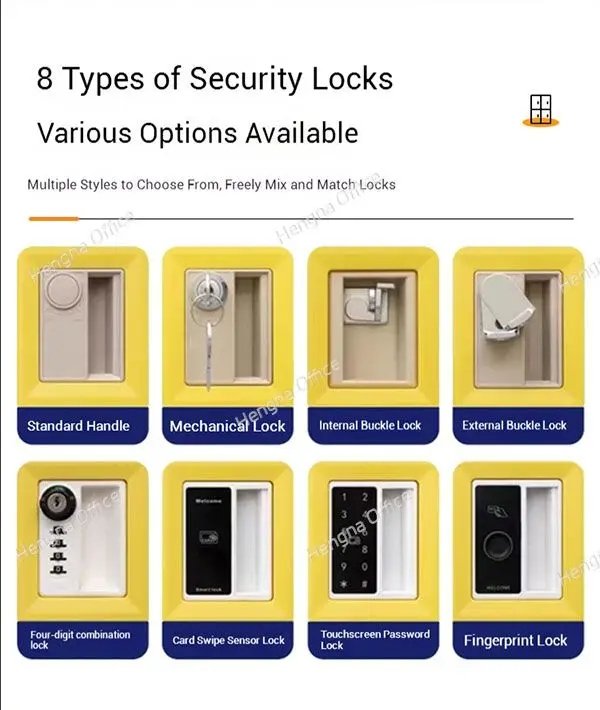 Eight Types of security locks: Standard Handle/ Mechanical Lock/Internal Buckle Lock/External Buckle Lock/Four-digital Combination lock/ Card Swipe Sensor Lock/ Touchscreen Password Lock/Fingerprint Lock