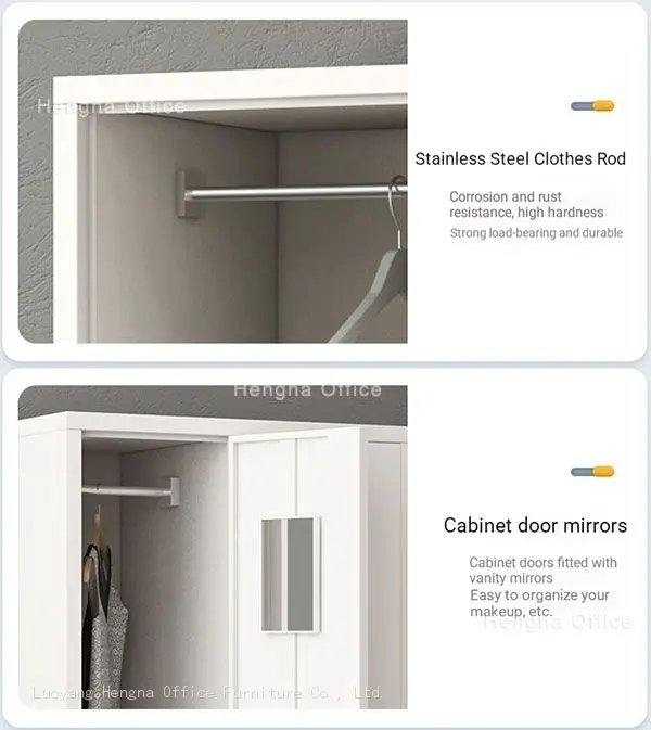 The detailed design of cabinet:
Stainless steel clothes Rod and Door mirrors