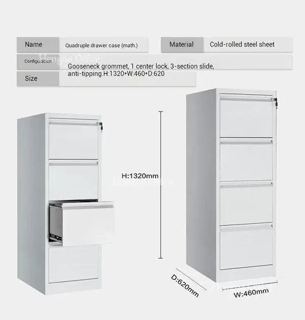 4 Drawer White metal filing cabinets with cold rolled steel sheet material