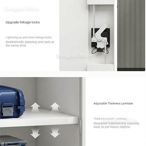 Interior view of tool cabinet showing 4 adjustable shelves and 2 drawers with organized hand tools