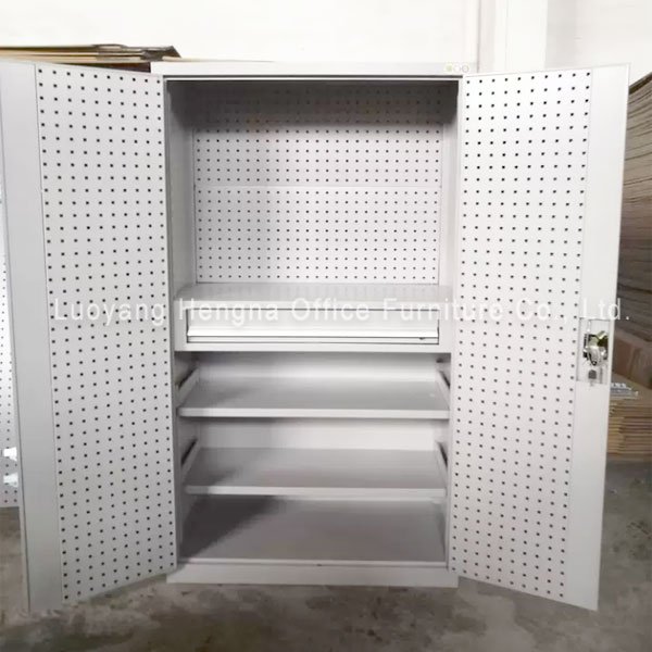 Hidden recessed handle design on white steel tool cabinet door, flush surface detail