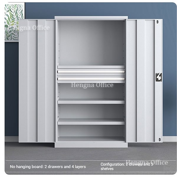 White 1800mm heavy duty steel tool cabinet with 2 drawers and interlocking lock, standing in auto repair shop