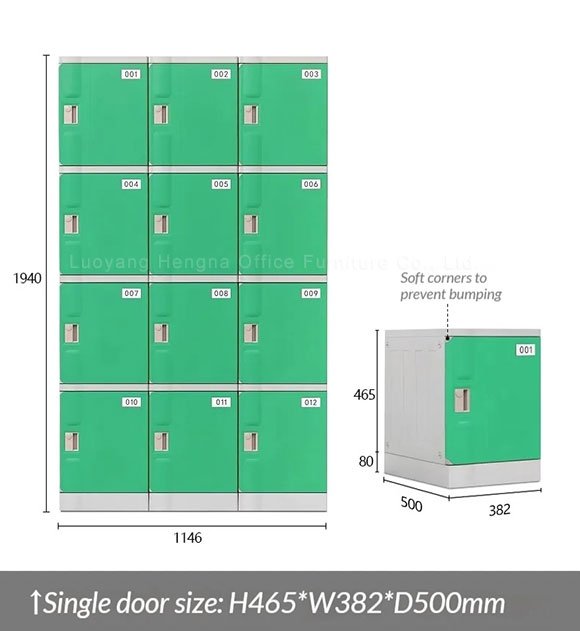 Workers assembling green ABS plastic lockers in industrial factory setting