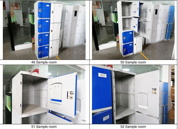 Close-up of ABS plastic locker door with ventilation slats and padlock latch