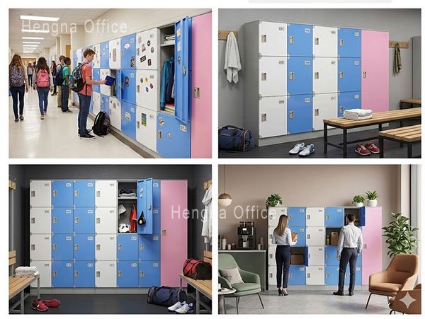 Warm-toned classroom with colorful lockers pink yellow blue row against wall