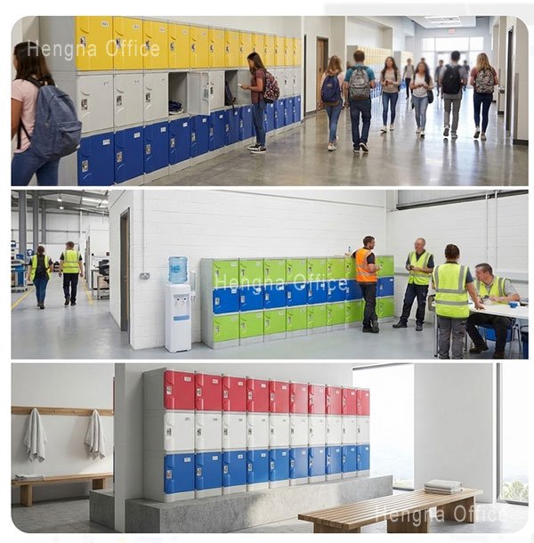 Color-coded classroom zones reading area green lockers activity area orange lockers